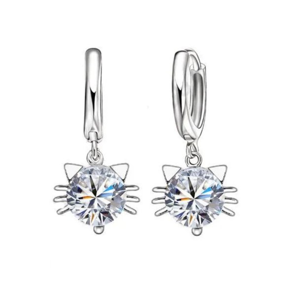 π 925 Sterling Silver Cat Lover and Heart Earrings Necklace Set Hoop Earrings - Picture 3 of 3